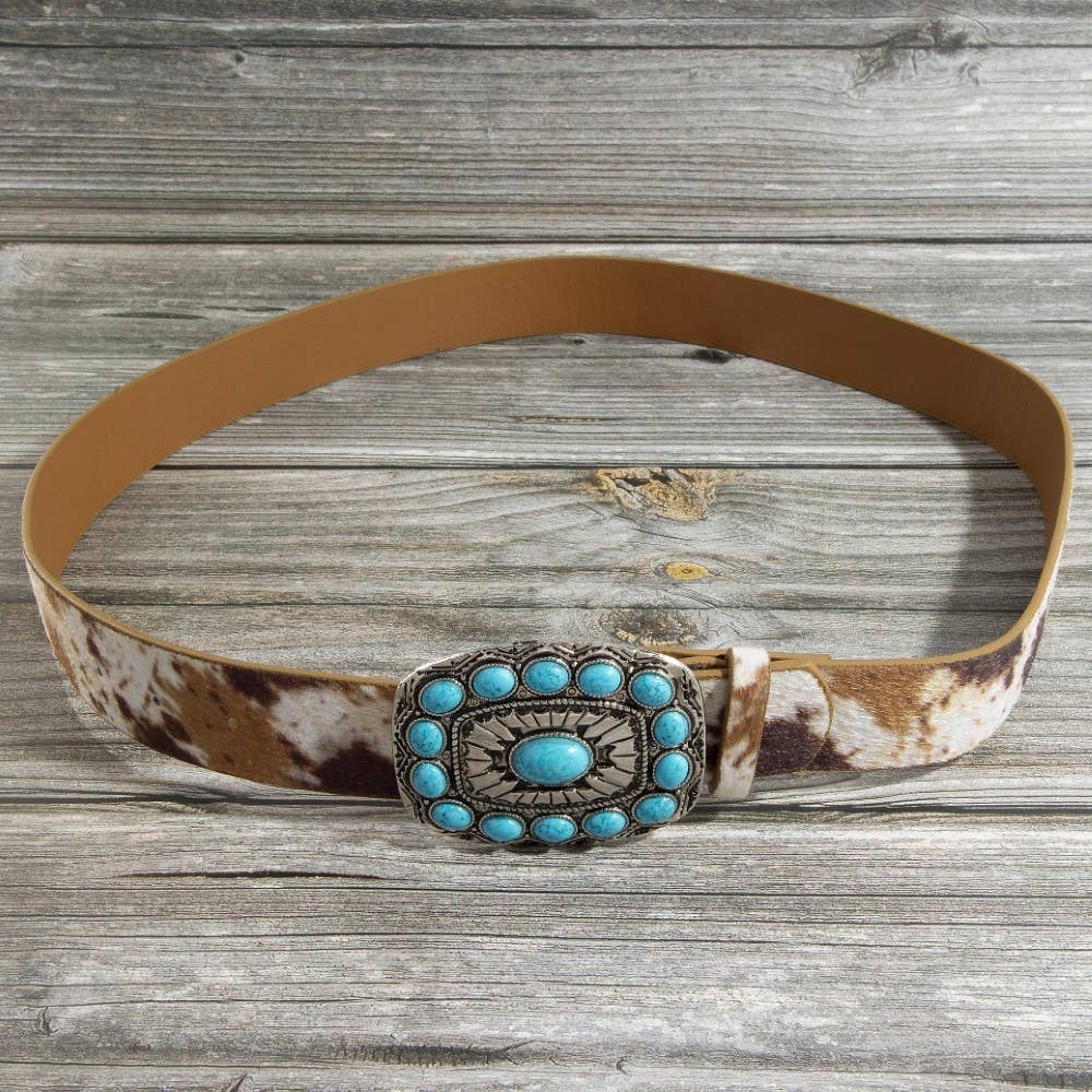 Turquoise  Western Concho Buckle Vegan Leather Belt