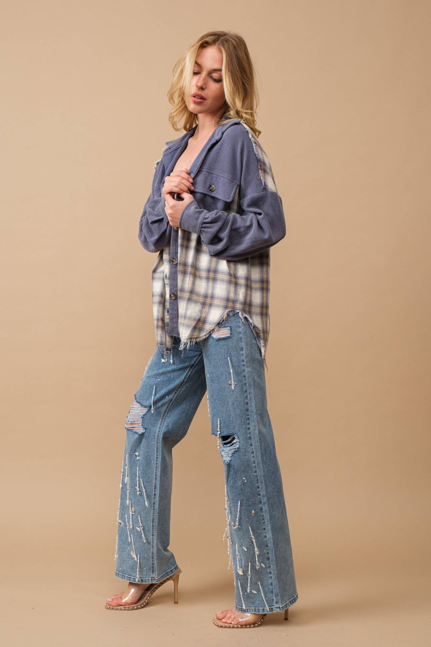 Hight Waist Clear Jewel Embellished Stretch Jeans