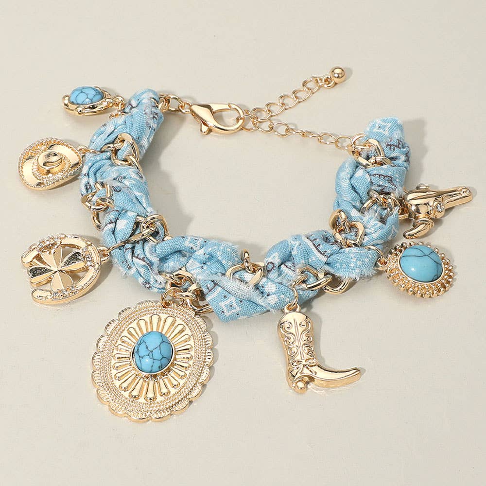 Western Cowboy Hat Boot Charm Station Fabric Chain Bracelet