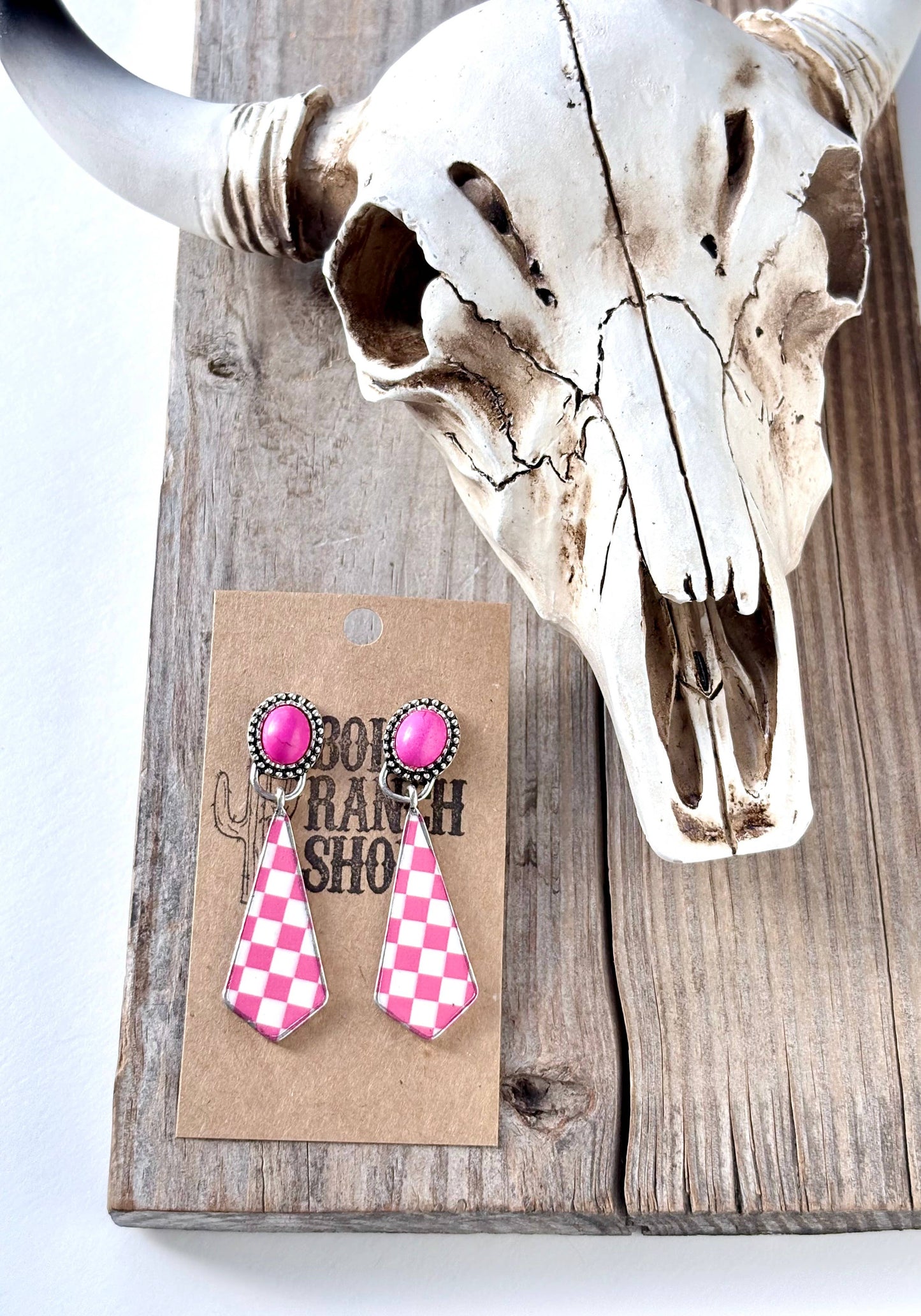 Western Style Stone & Checkerboard Post Drop Dangle Earrings