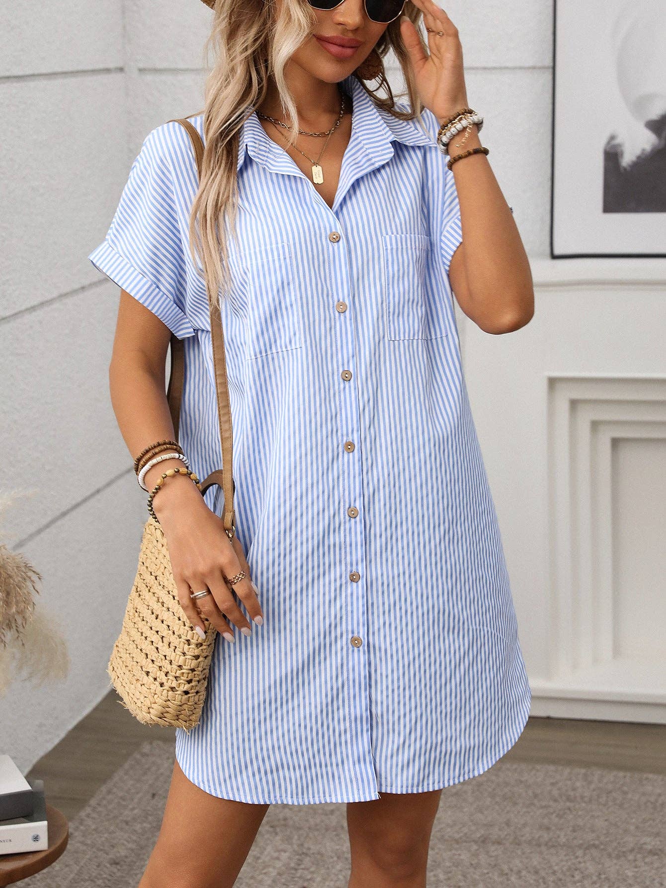 Striped Button Down Shirt Dress Casual Summer Midi