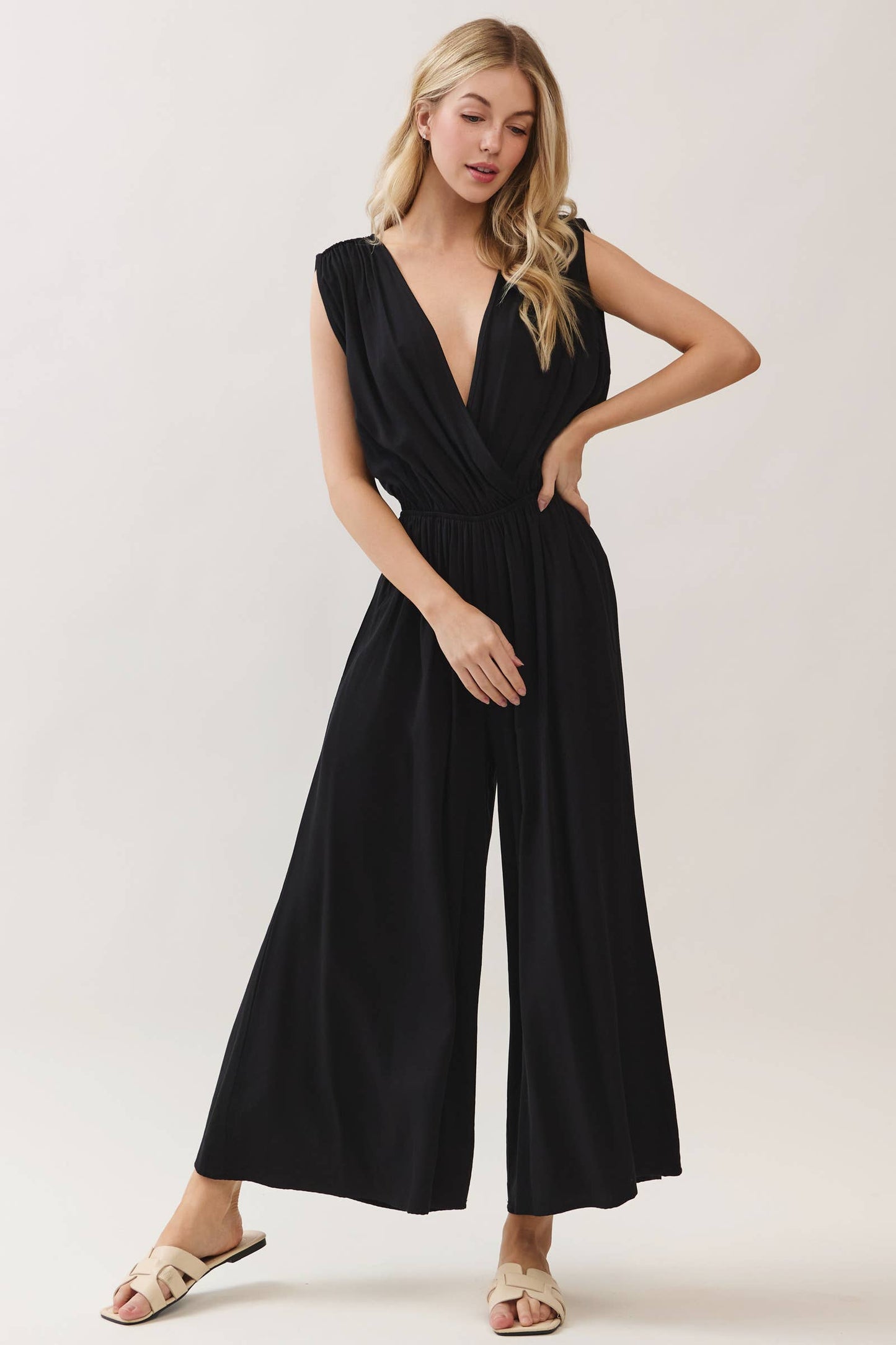 Woven Ruched Sleeveless Jumpsuit