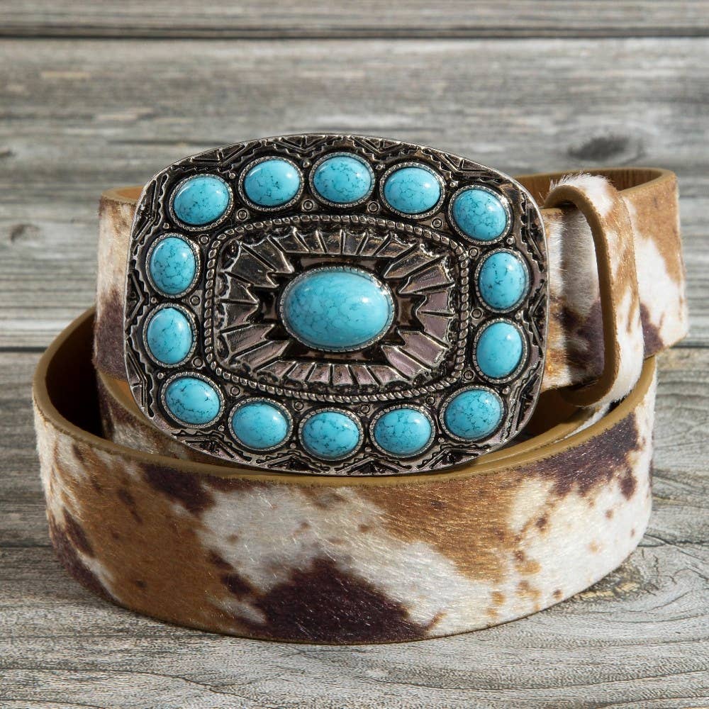 Turquoise  Western Concho Buckle Vegan Leather Belt