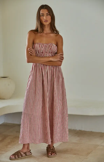 Red Woven Cotton Striped Midi Dress