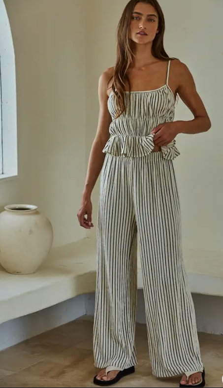 Woven Striped Peplum Top & Pant Set