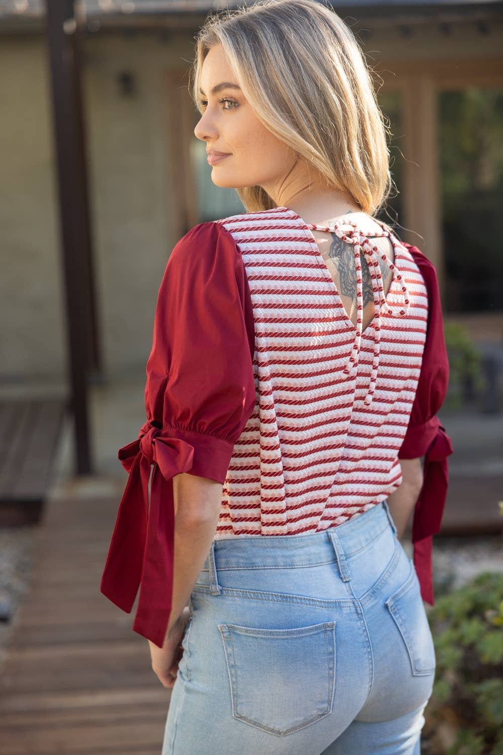 Self Tie Short Puff Sleeve Stripe Knit Top