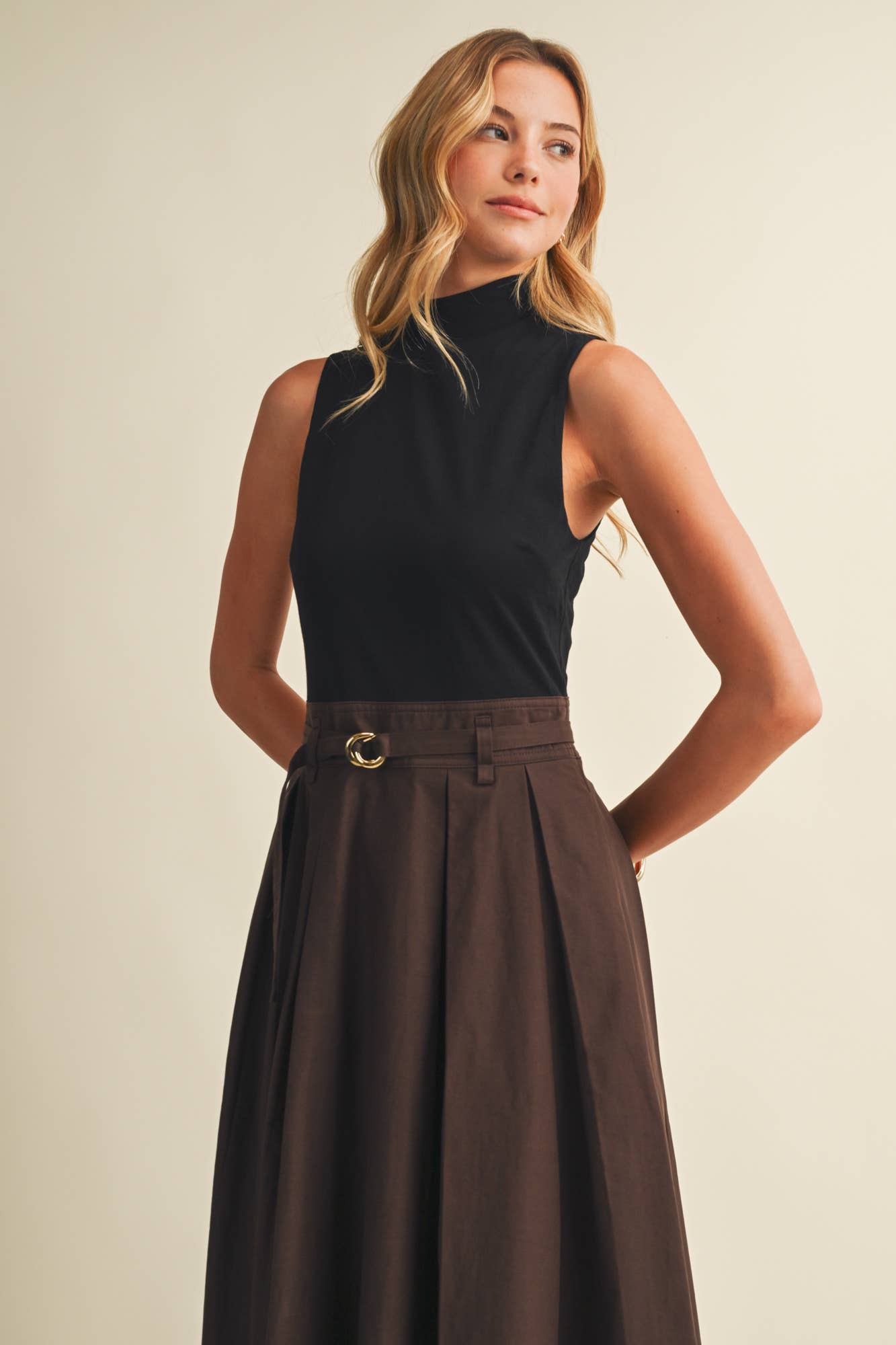 Choco Fondant Pleated Belted Dress