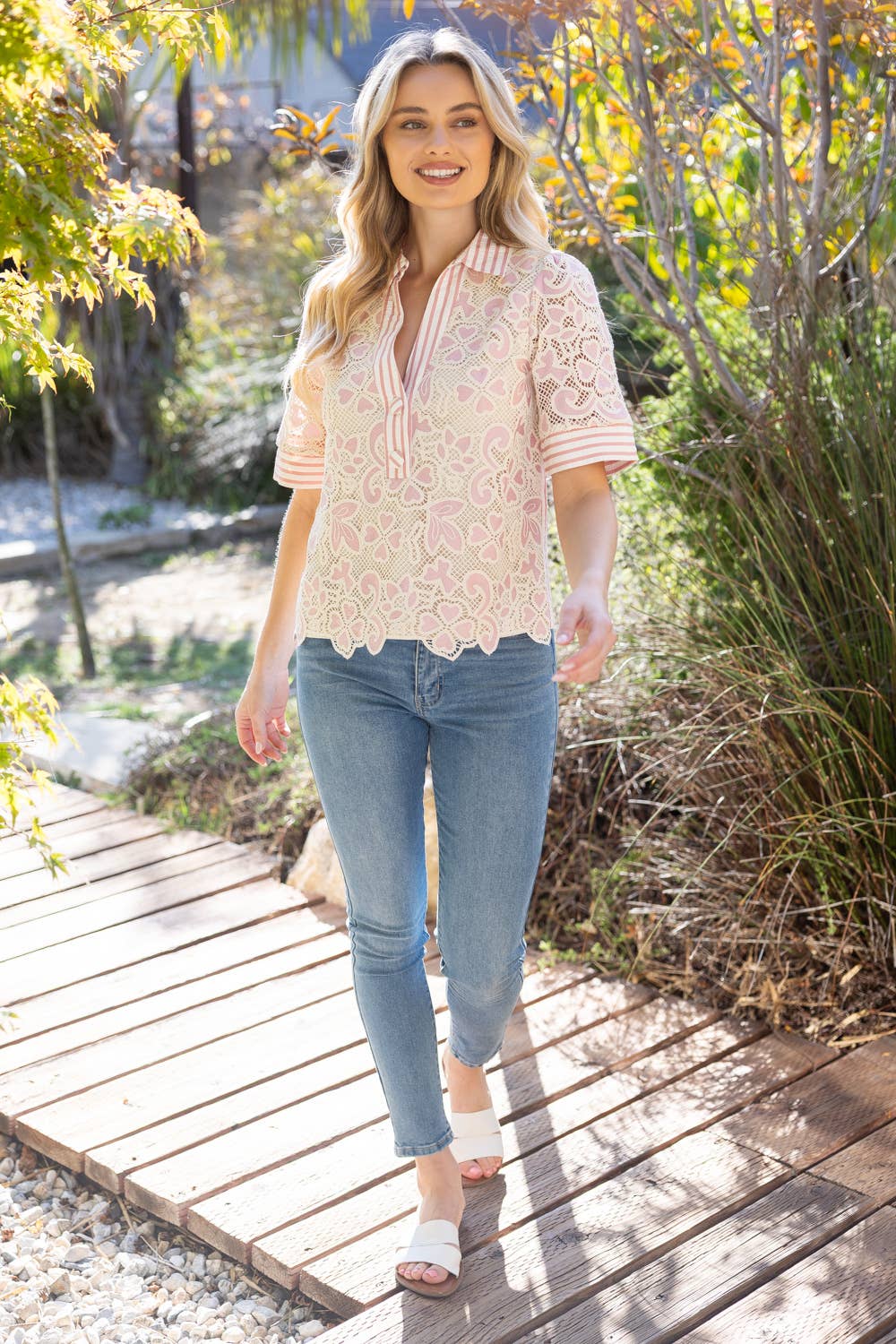 Collared V-Neck Stripe and Lace Mixed Fabric Top