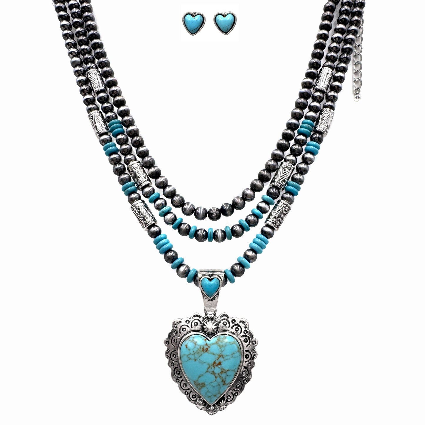 Silver Western Heart Navajo Turquoise Necklace Set