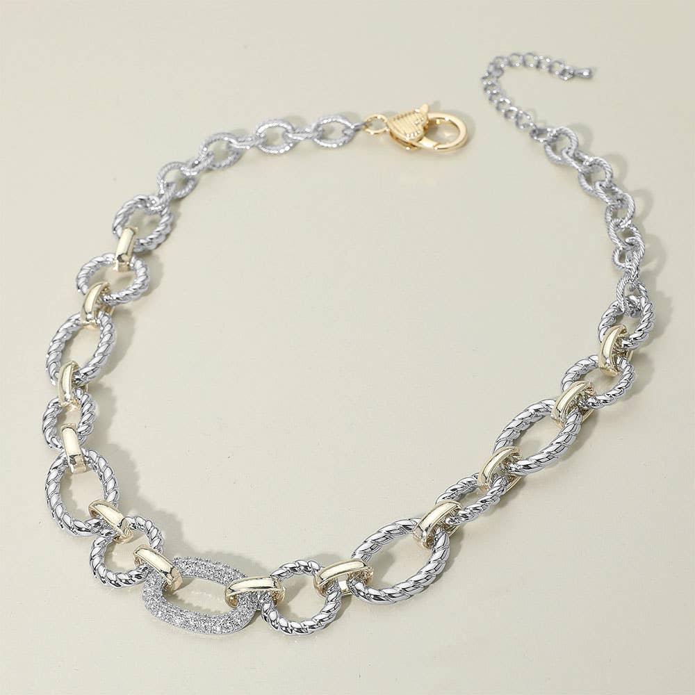 14K Gold Plated CZ Stone Paved Link Accent Two Tone Chunky Chain Necklace