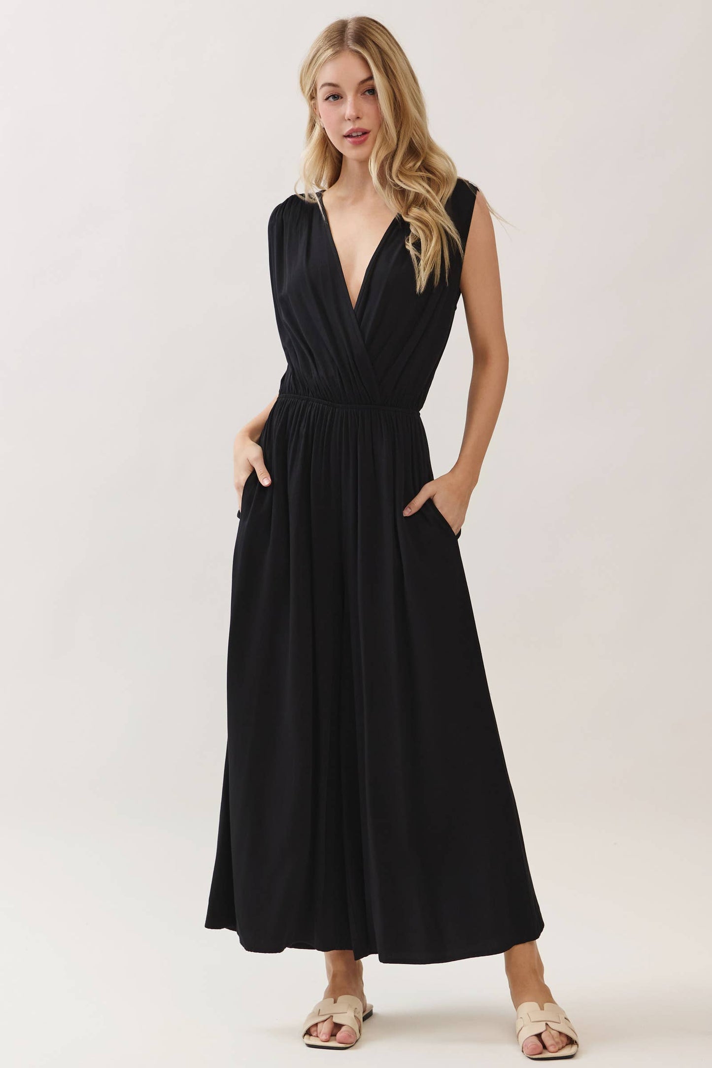 Woven Ruched Sleeveless Jumpsuit
