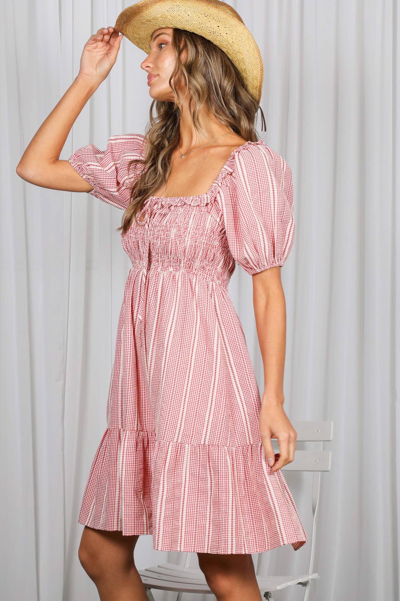 Gingham Short Puff Sleeve Ruffled Tiered Knee Dress