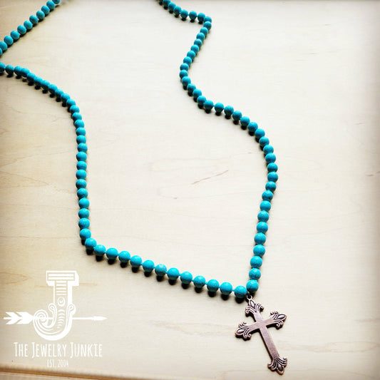 Turquoise Beaded Necklace w/ Copper Cross
