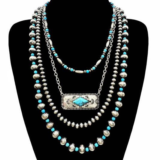 Navajo Bar Pendant Western Layered Beads Necklace