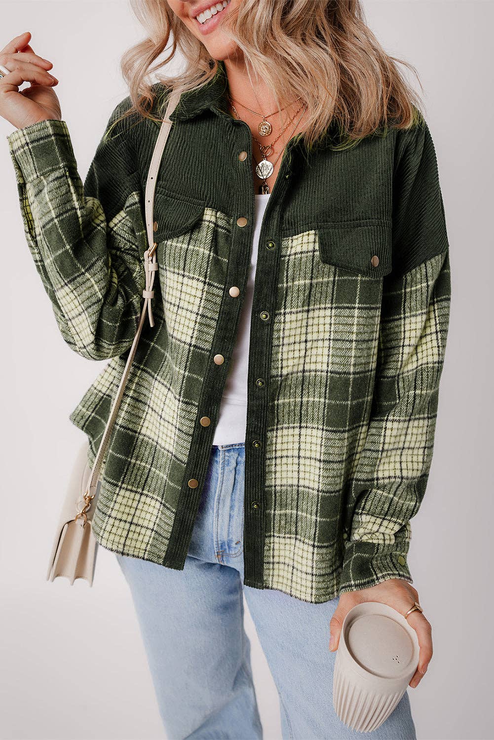 Blackish Green Snap Buttons Plaid Shacket
