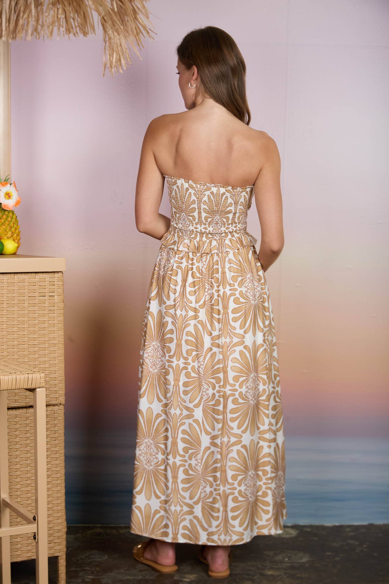 STRAPLESS SMOCKED MIDI SUNDRESS