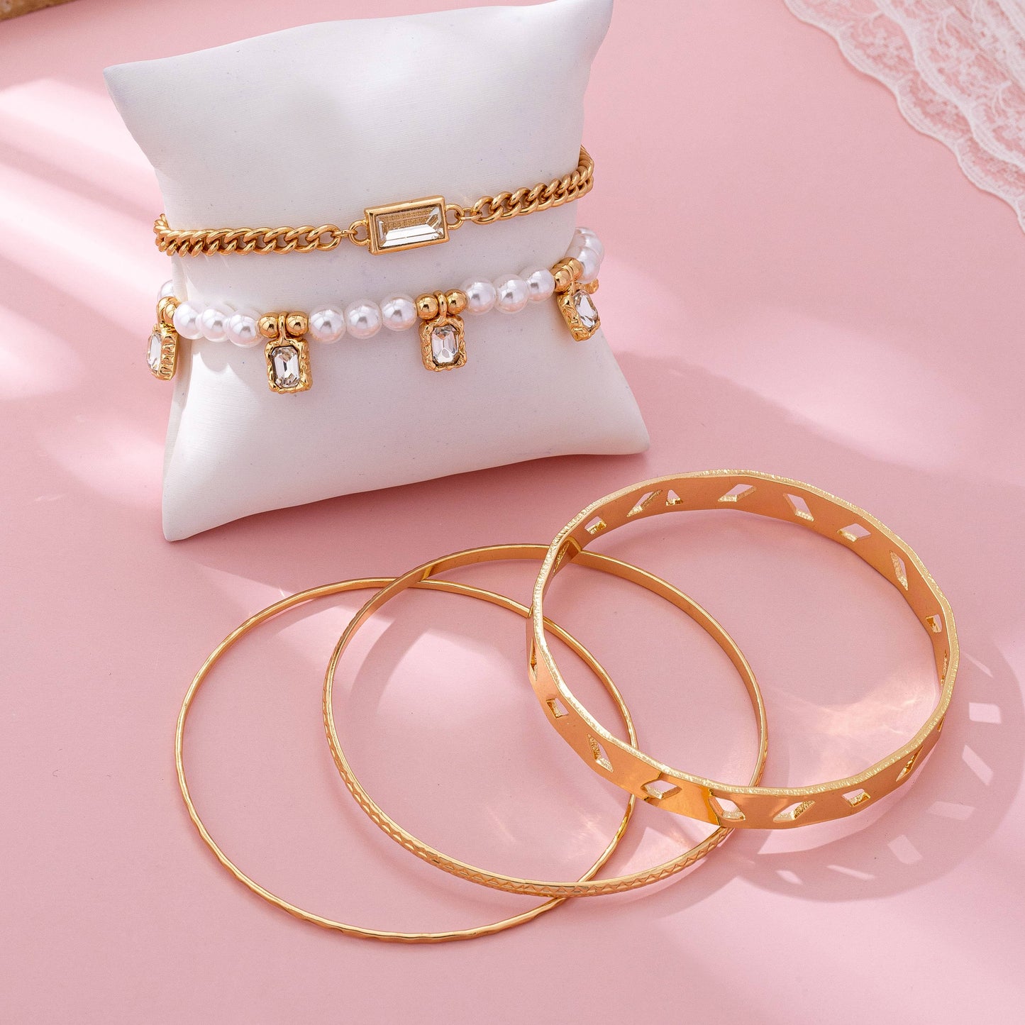 Gold & Pearl Layered Bracelet Set