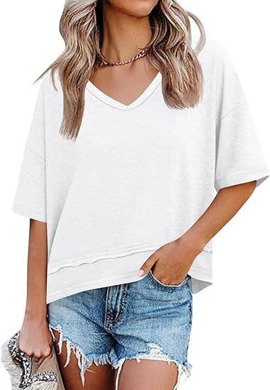 V Neck Loose Fit Tee Casual Short Sleeve Summer Top