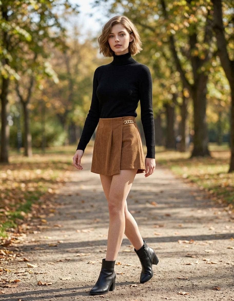 Caramel Pleated Chain Suede Skorts