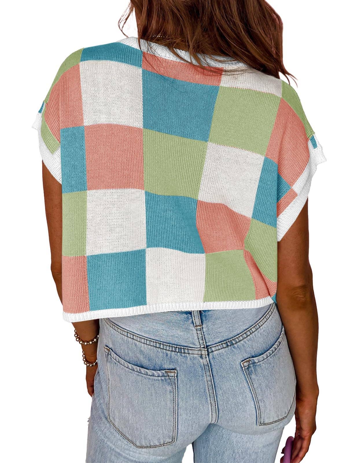 Women’s Colorblock Checkerboard Knit Crop Sweater Tee