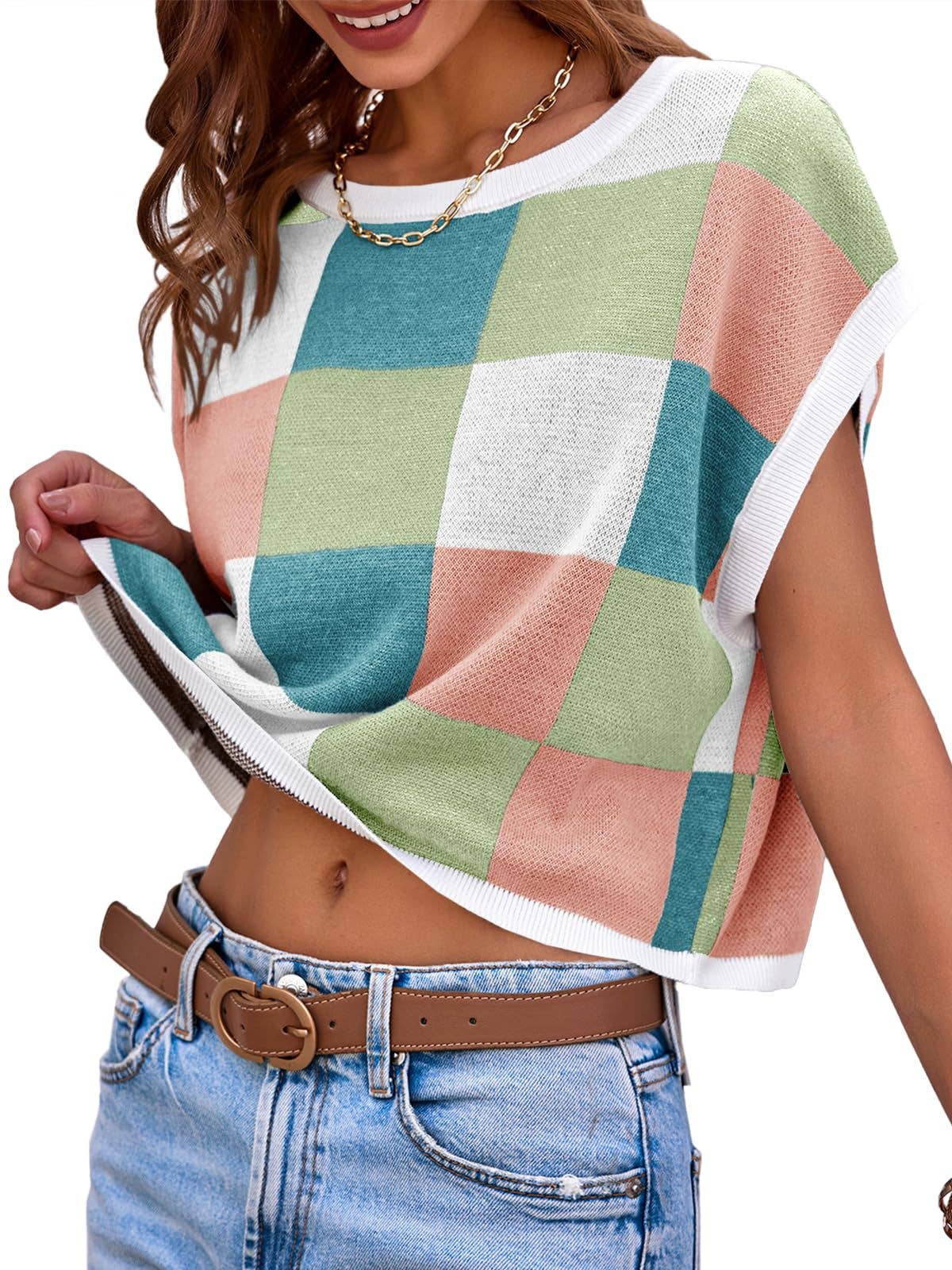 Women’s Colorblock Checkerboard Knit Crop Sweater Tee