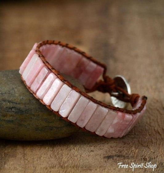 Natural Pink Opal Stone Leather Wrap Bracelet