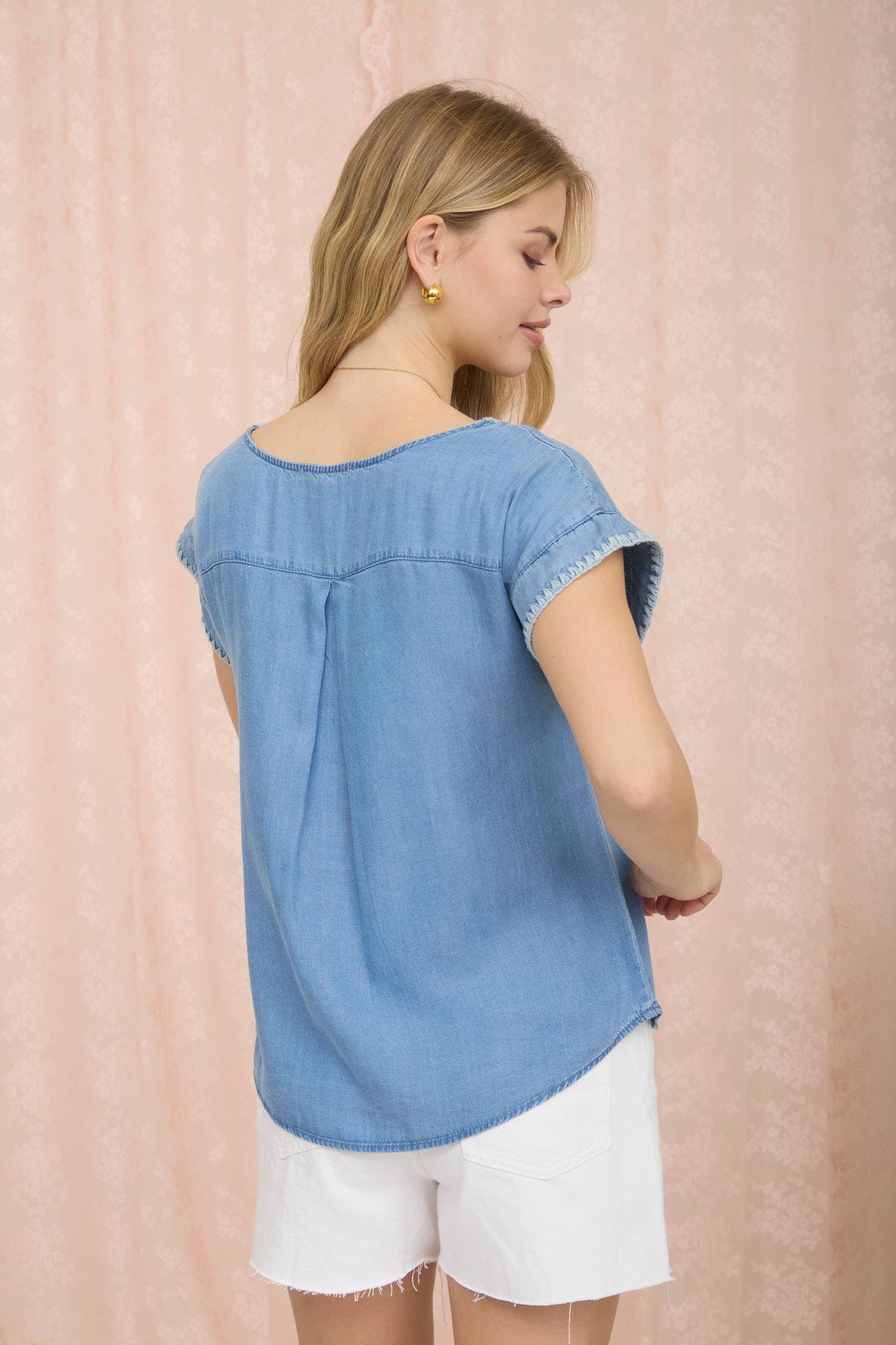 Edge Stitched Denim Top