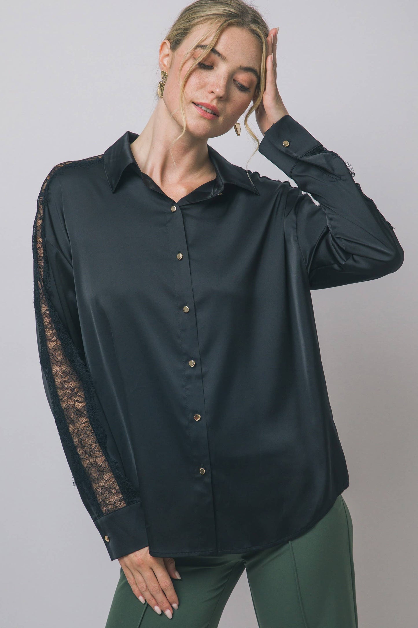 Black Satin Lace-sleeve Button Shirt