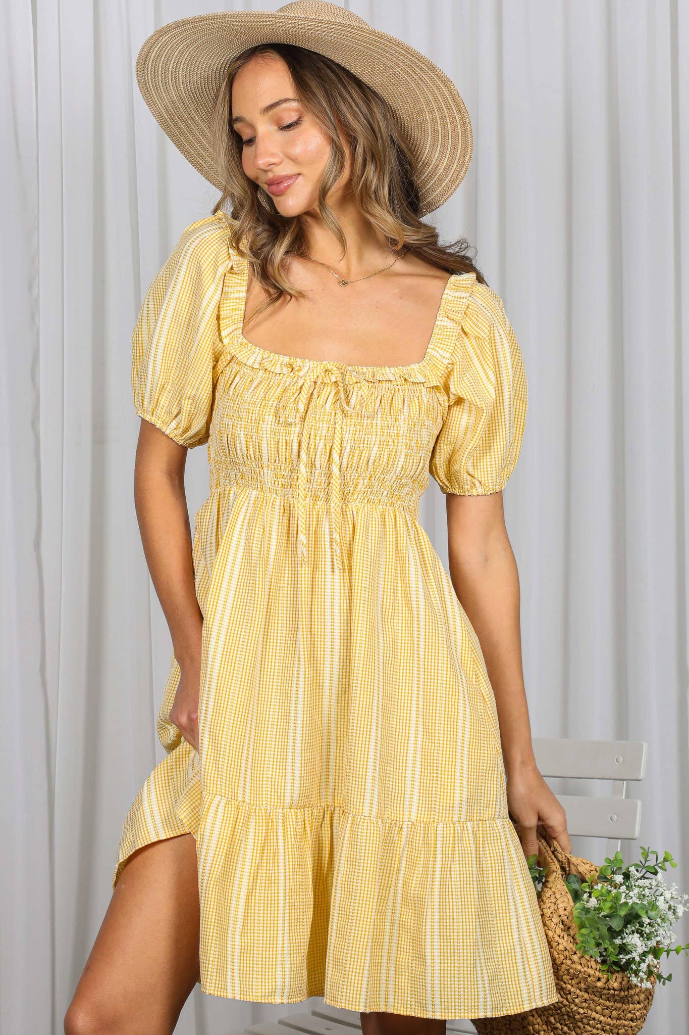 Gingham Short Puff Sleeve Ruffled Tiered Knee Dress