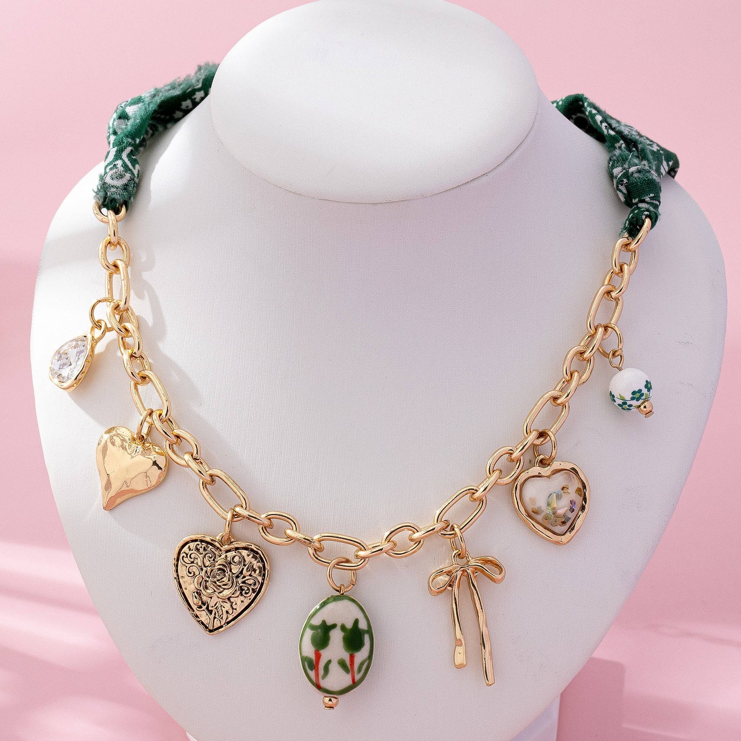 SCARF CHARM NECKLACE-PORCELAIN HEART BOW |