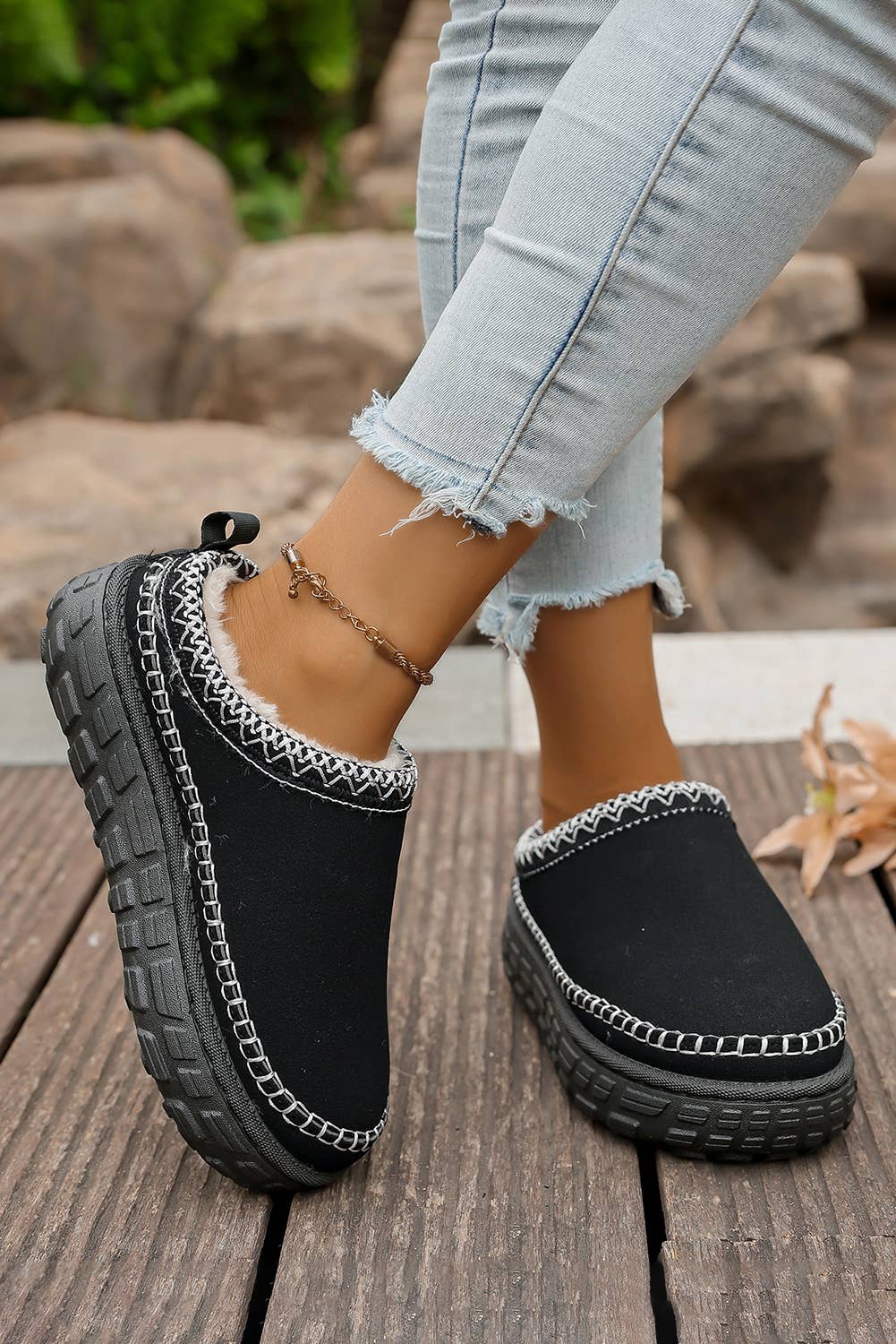Stitch Detail Suede PU Plush Slippers | US7-10