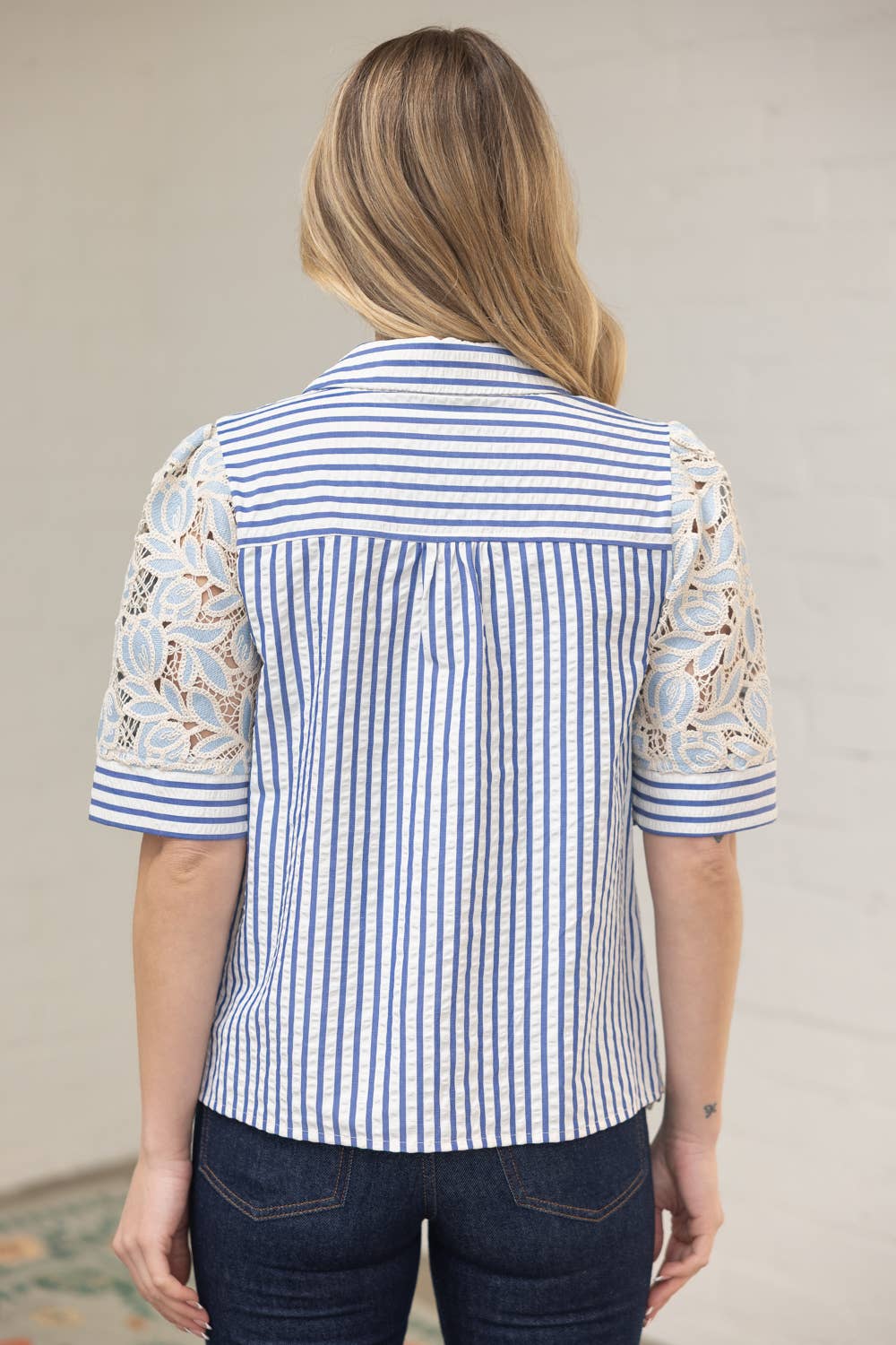 Collared V-Neck Stripe and Lace Mixed Fabric Top
