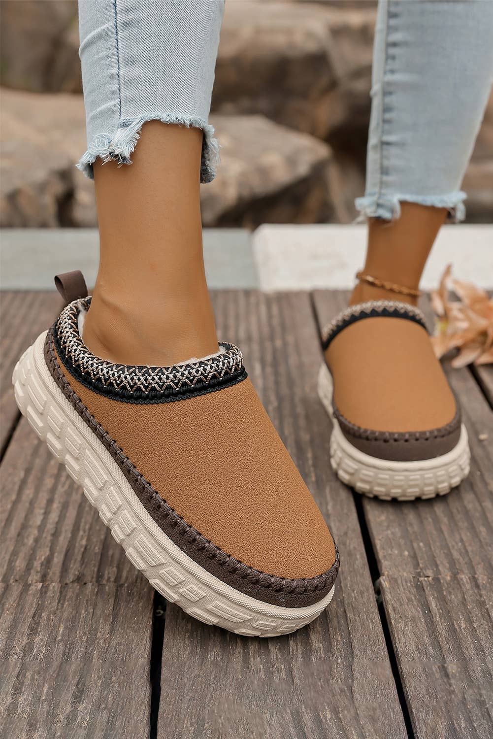 Stitch Detail Suede PU Plush Slippers | US7-10