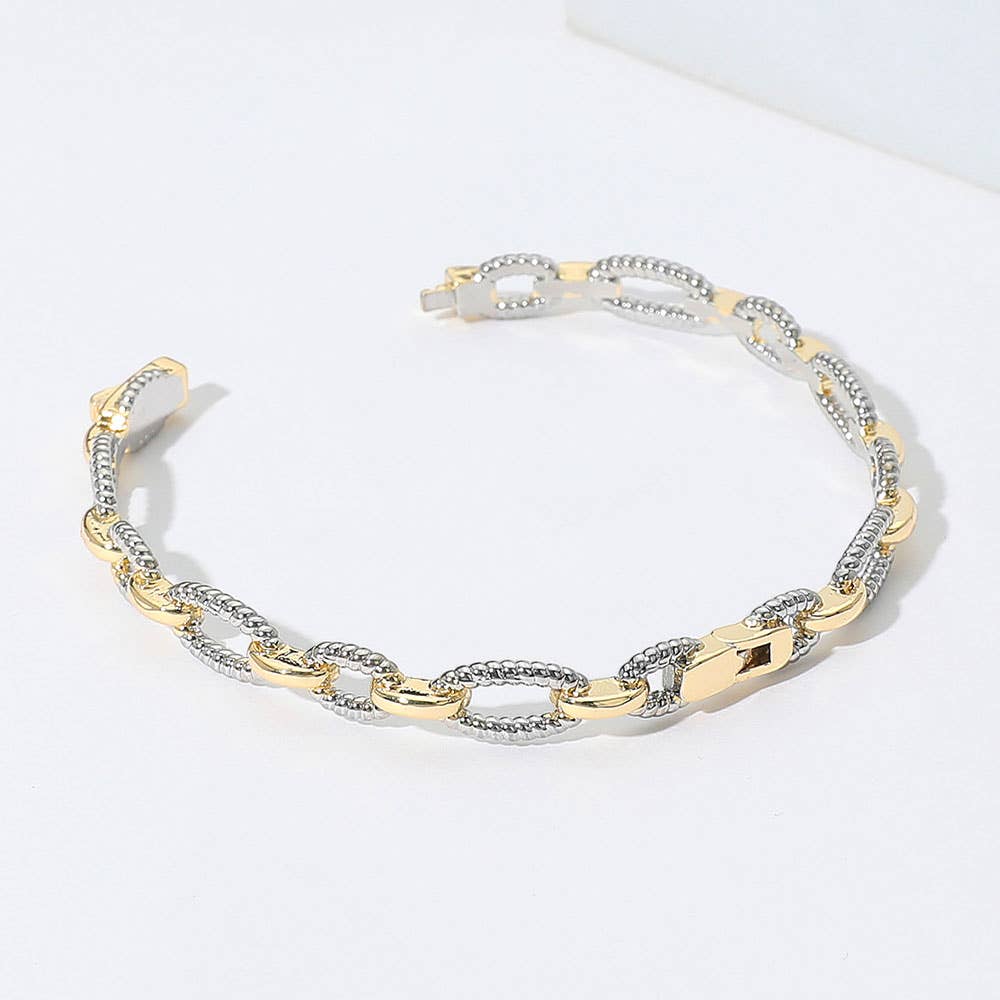 Two Tone Textured Link Chain Hinged Bracelet