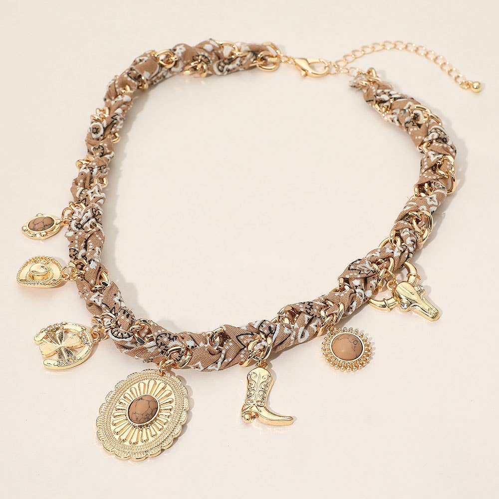 Western Themed Charm Fabric Braided Necklace