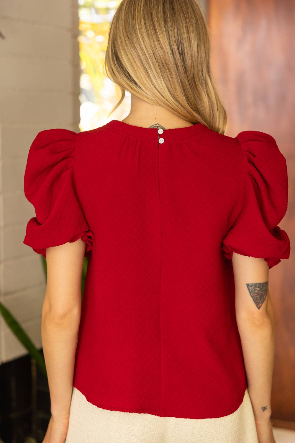 Red Puff Sleeve Knit Top