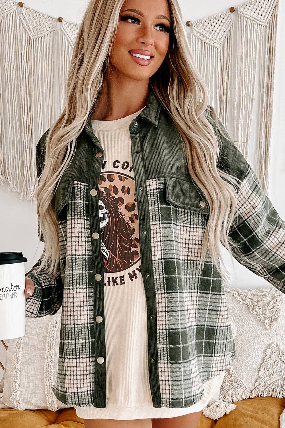 Blackish Green Snap Buttons Plaid Shacket