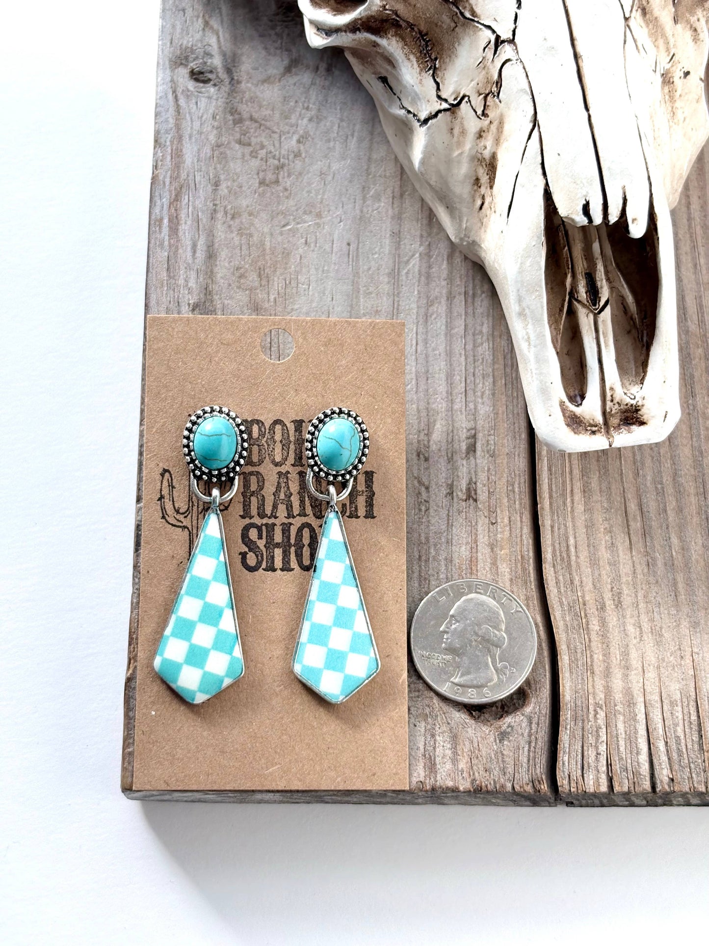 Western Style Stone & Checkerboard Post Drop Dangle Earrings
