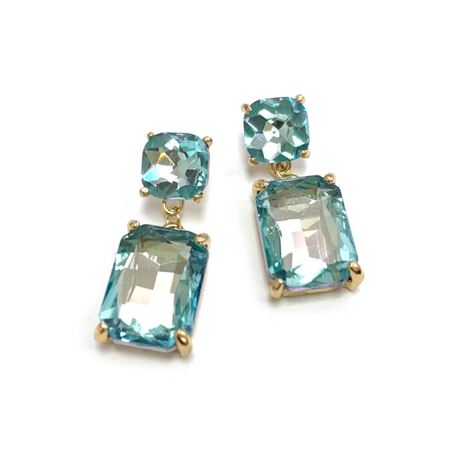Double Square Linked Crystal Glass Dangle Earrings
