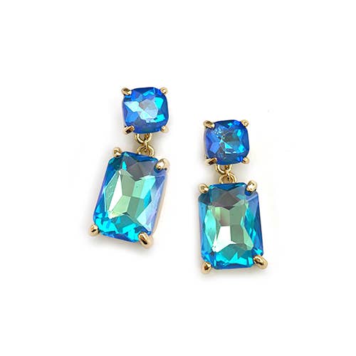 Double Square Linked Crystal Glass Dangle Earrings