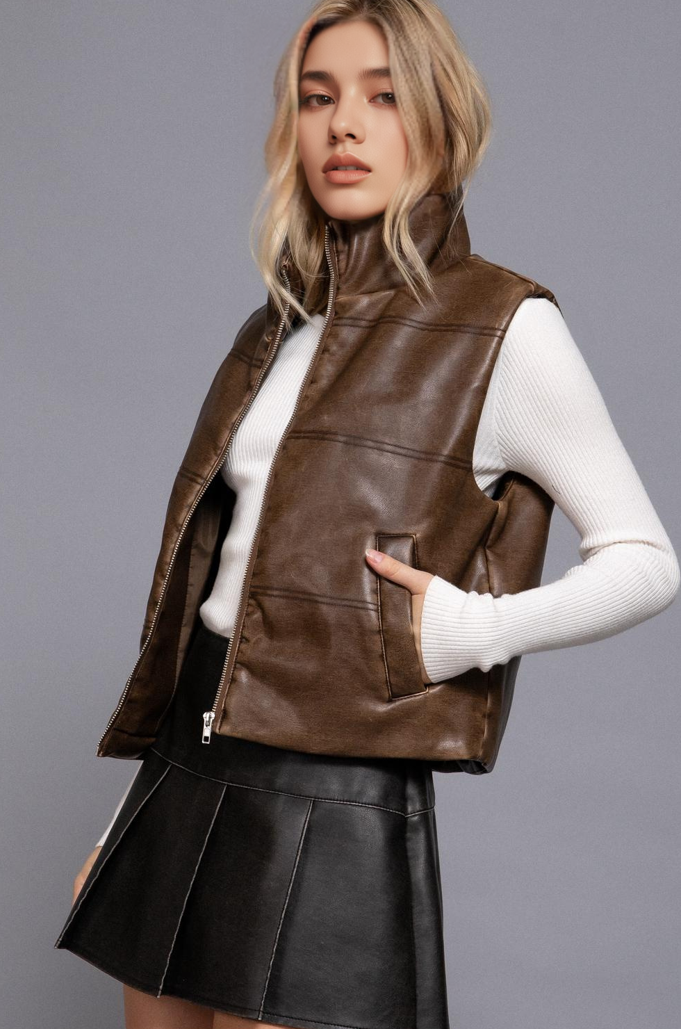 Coffee Faux Leather Vest