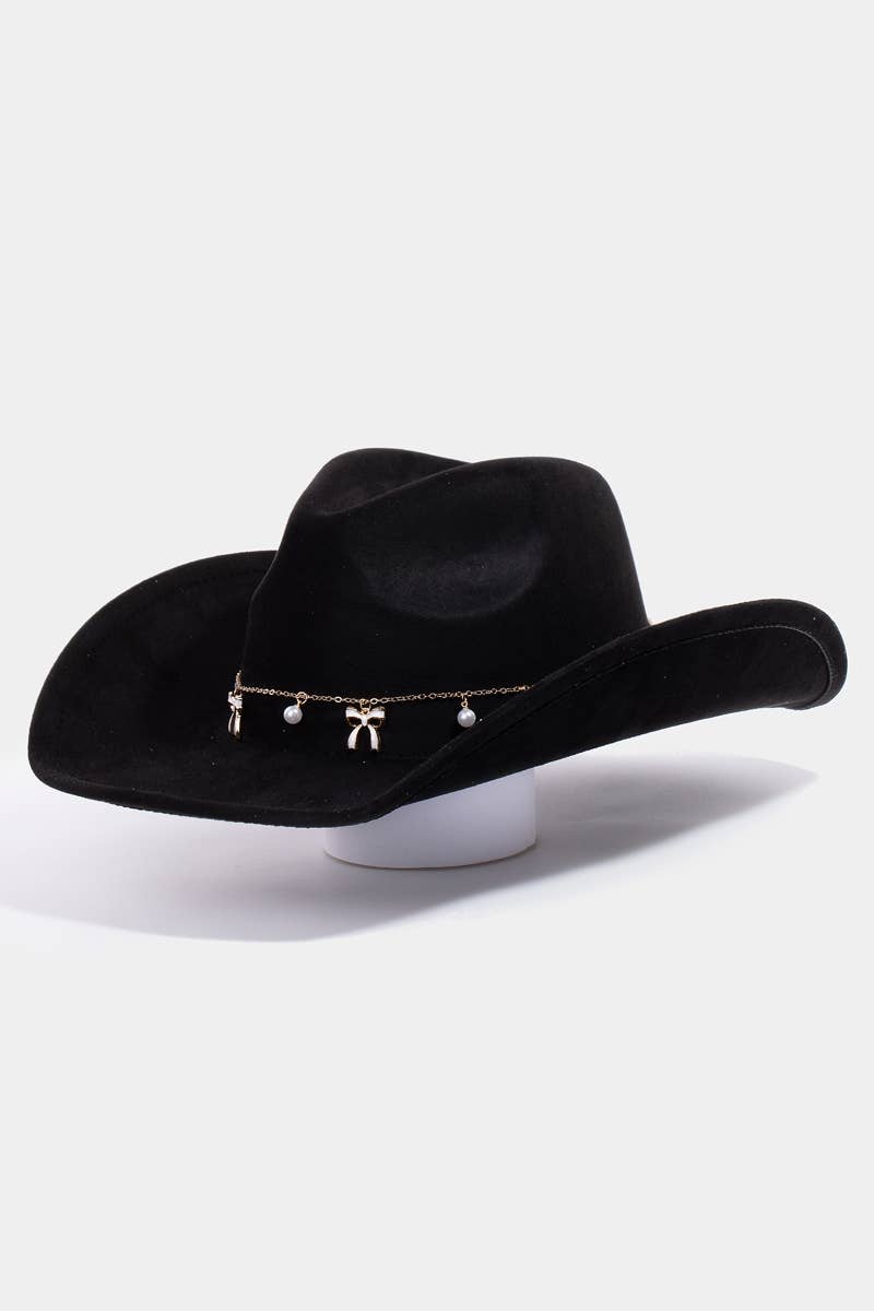 Ribbon Bow Pearl Chain Cowboy Hat