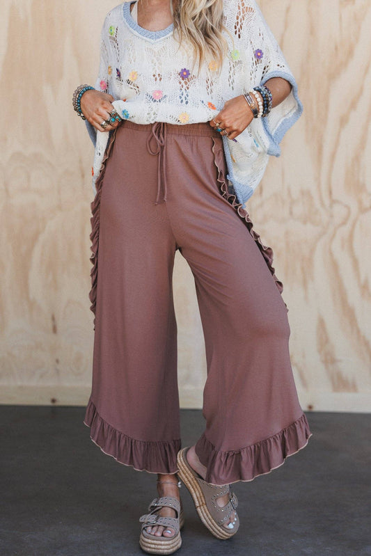 Ruffle Wide Leg Pants - Dark Mocha