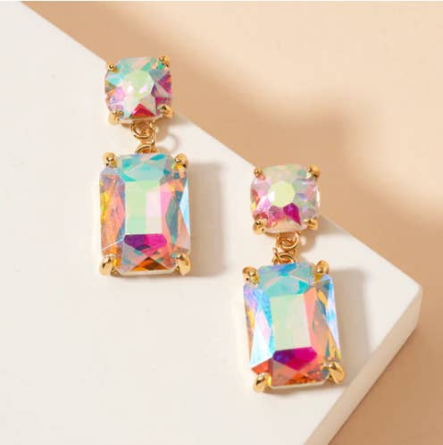 Double Square Linked Crystal Glass Dangle Earrings