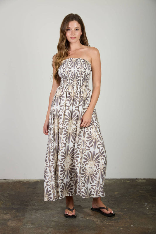 STRAPLESS SMOCKED MIDI SUNDRESS