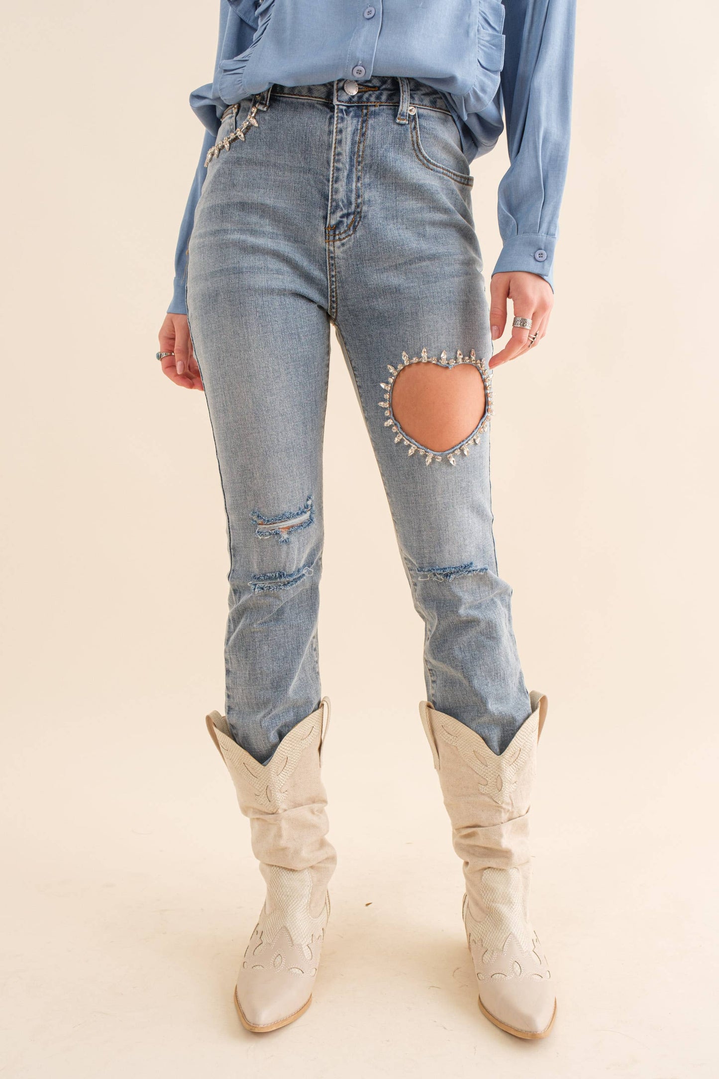 Diamond Heart Cutout Crop Denim Jeans
