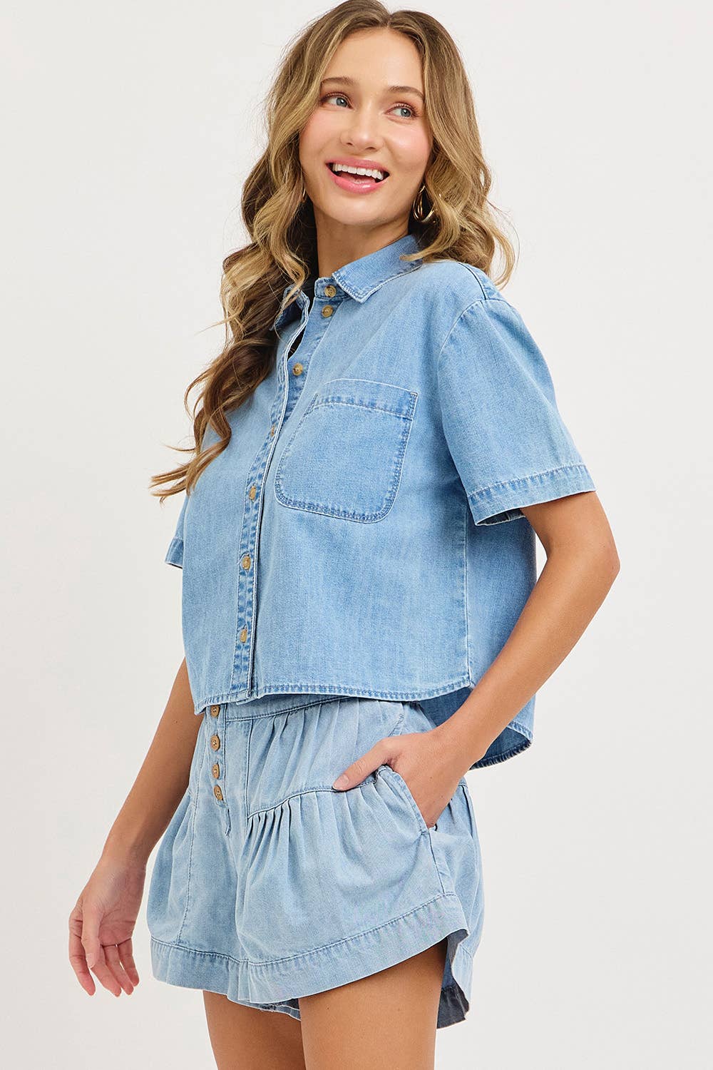High Rise Button Stretch Denim Shorts