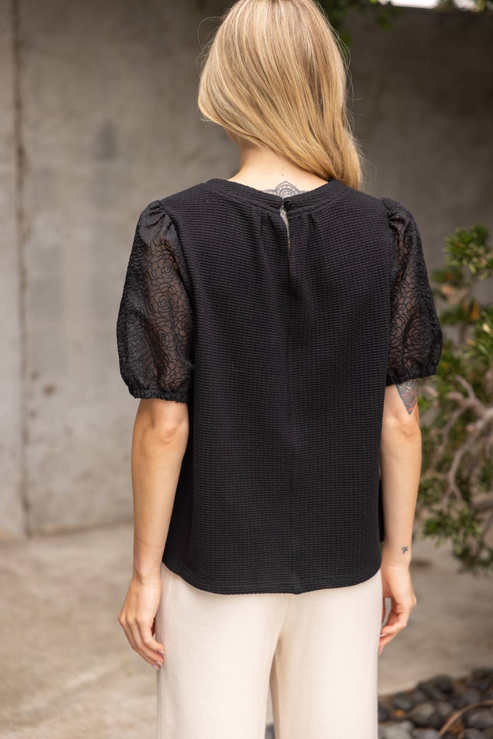 Floral Organza Puff Sleeve Waffle Knit