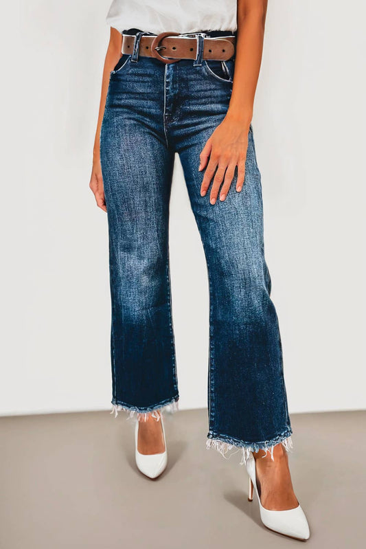 Dark Wash Raw Hem High Waist Jeans