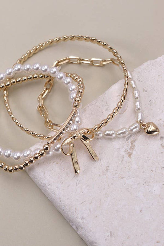 Bow Pearl Rhinestone Bangle Set